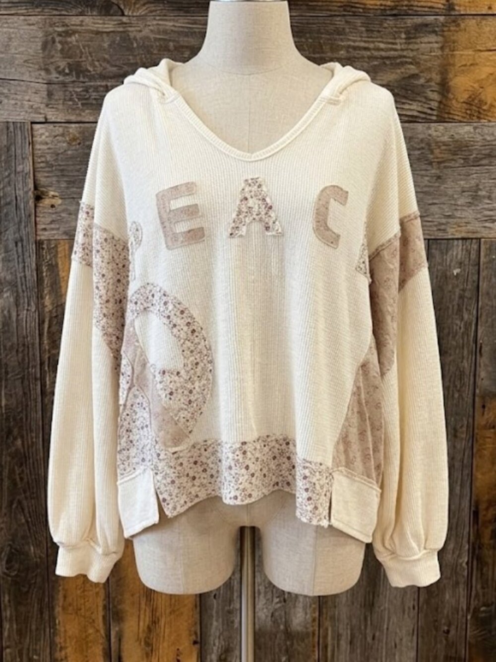 POL Boho Patchwork Thermal Hoodie Floral Peace Sign Cream Oversized Size L